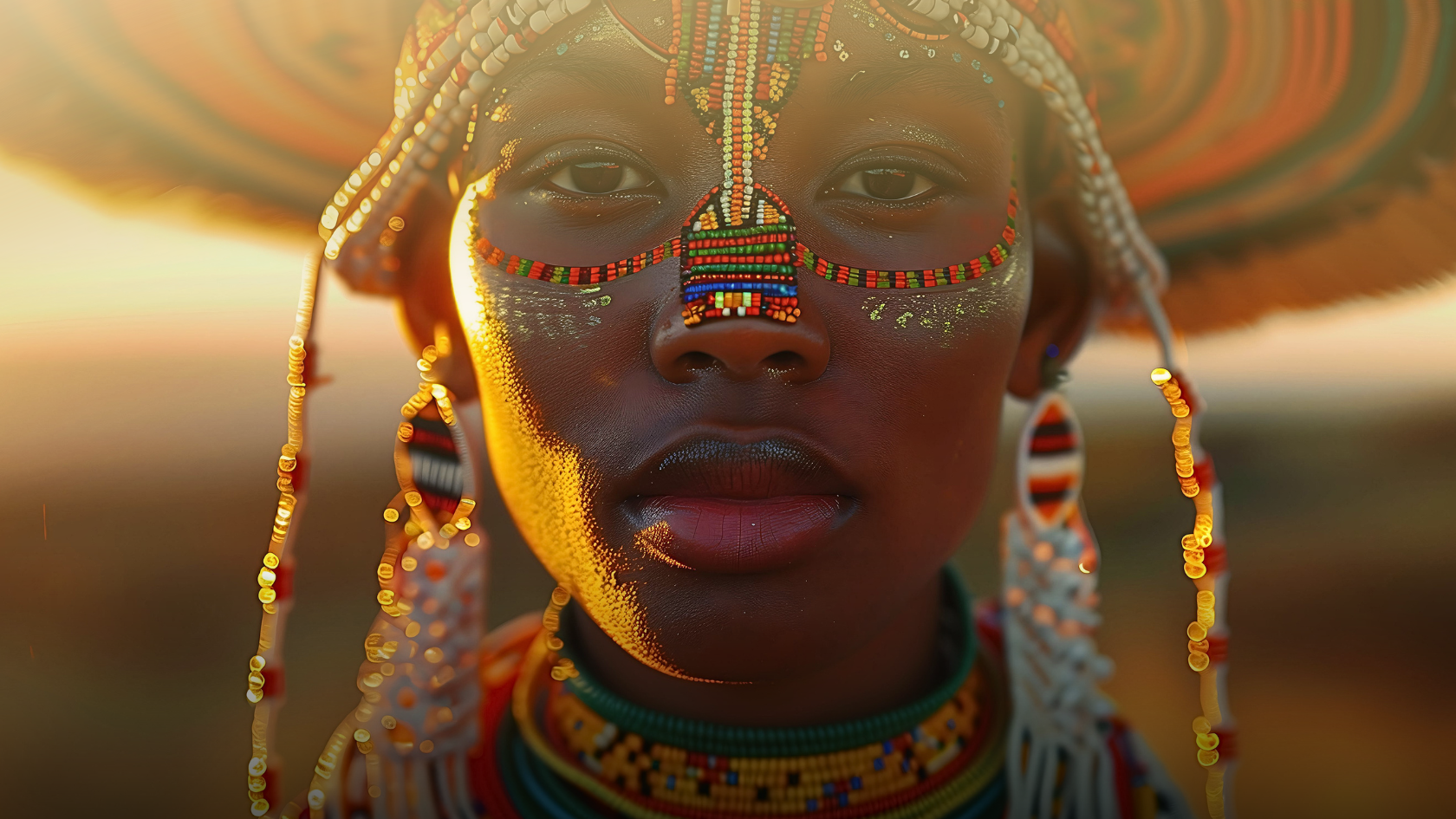 Mulher africana com adornos e pintura ritual ao pôr do sol